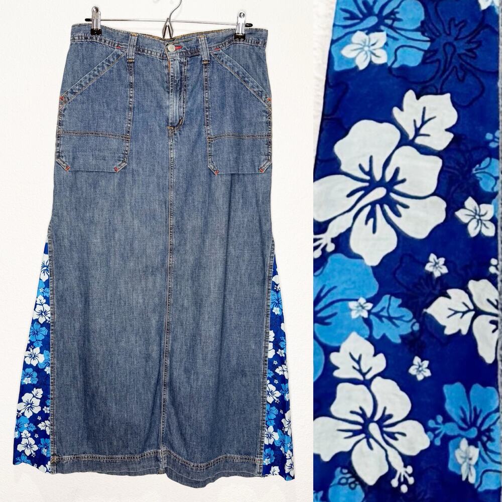 Vintage 90s Lucky Brand Reworked Denim Maxi Skirt Hawaiian Hibiscus Upcycled - Picture 2 of 8